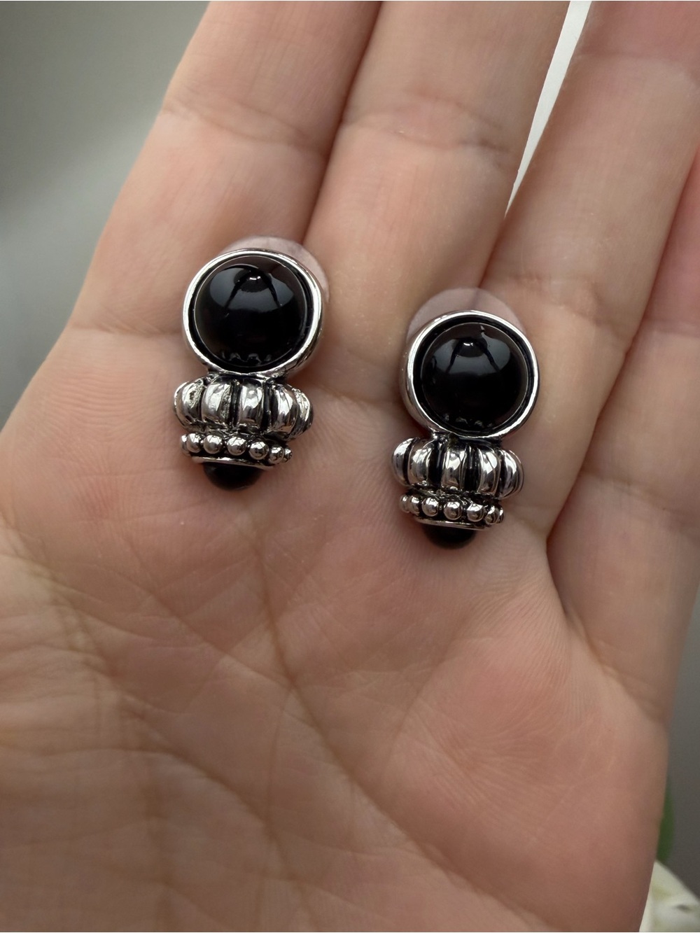 Silver Tone Black Stone Drop Stud Earrings